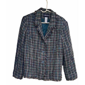 Sag Harbor Blazer Coat Teal Multi W/Frayed Trim Size 16P petite Womans Vntg